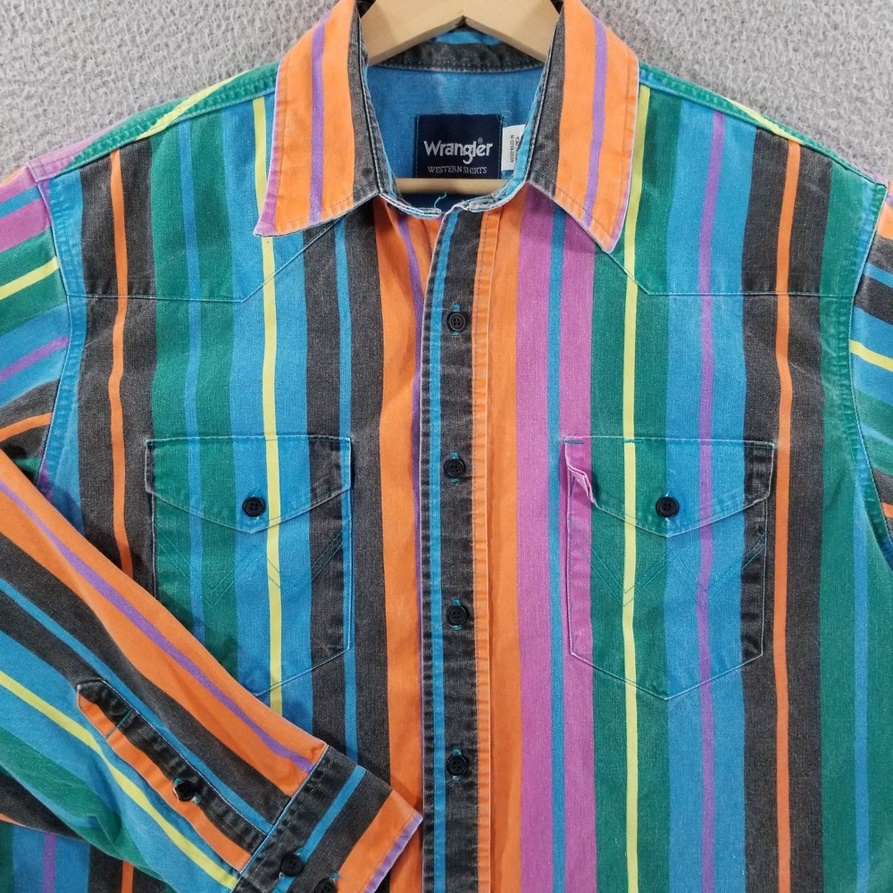 Vintage Wrangler Brushpopper Shirt Mens Large Western Rodeo Cowboy Workwear Blue